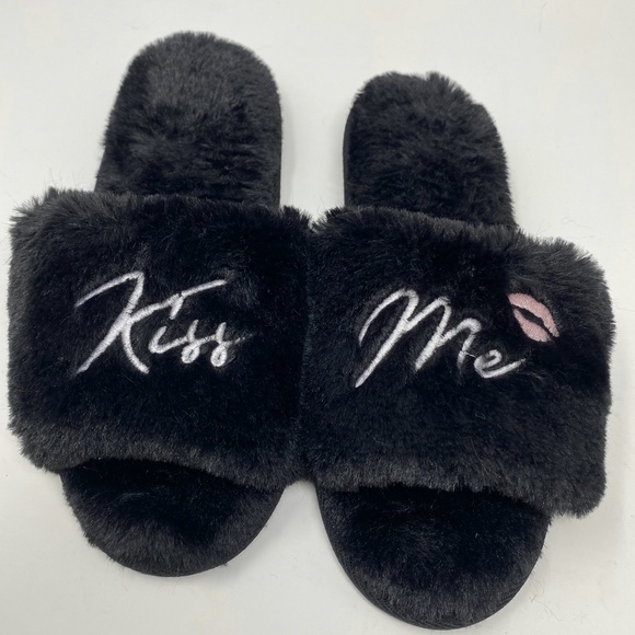 Jenni Slippers Open Toe Black Faux Fur Kiss Me L - Picture 2 of 5